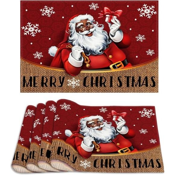 Other - Linen African American Christmas Placemats Set of 4 Black Santa -12×18''